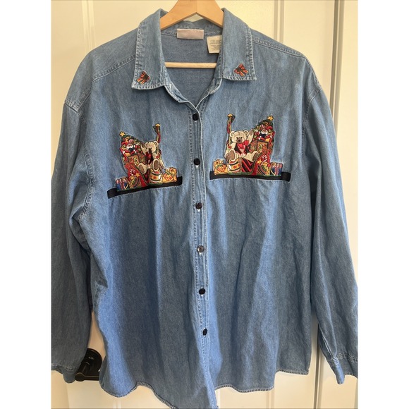 Faded Glory Tops - Vintage 90s Denim Christmas Button Shirt XXL 20 Embroidered Teddy Bears Gifts